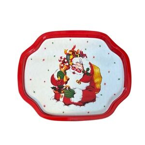 Vintage Santa Holiday Tray Metal Retro Decor Small Red Multi